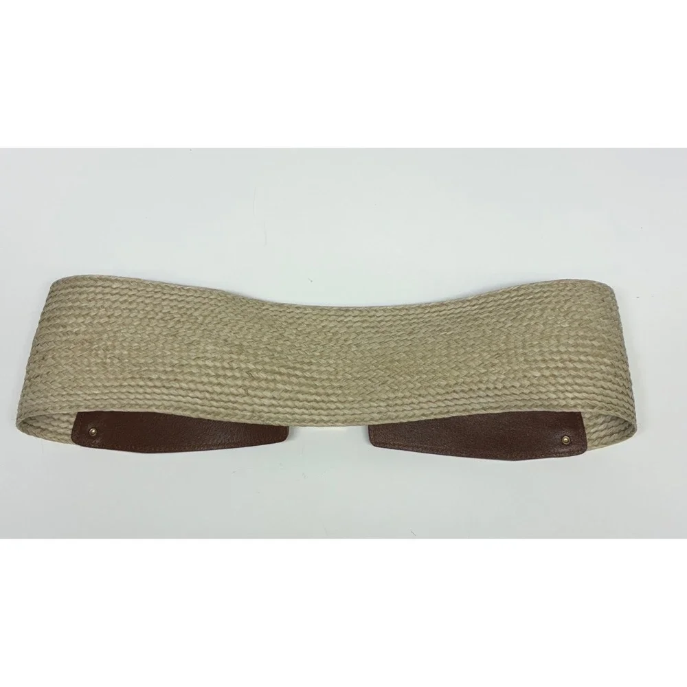 Antonio Melani Wide Waist Cincher Belt Womens M Brown Leather Woven Raffia Straw